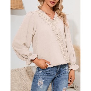 Women's V-Neck Lace Trim Blouse Casual Flounce Long Sleeve Top Shirt - 1 of 4