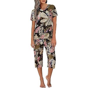 Ekouaer Women's Sleepwear Capri Pajama Sets Short Sleeve Two-Piece Pjs V Neck Tops & Capri Pants with Pockets - 1 of 4
