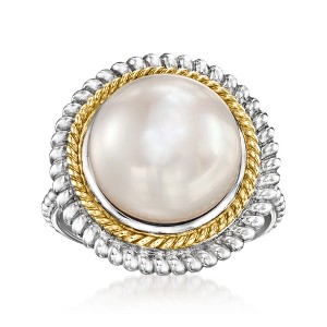 Ross-Simons 12-12.5mm Cultured Pearl Roped-Edge Ring in Sterling Silver and 14kt Yellow Gold - 1 of 4