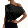 Women's One-Shoulder Blouse, Satin Drape Sleeve Top, Casual Loose-Fit Asymmetrical Neck Shirt - 4 of 4