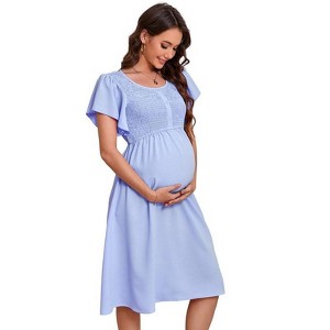 Coolmee Women Maternity Smocked Button Dress Summer Ruffle Short Sleeve Square Neck Casual Flowy Midi Dress Photoshoot Baby Shower Blue XXL - 1 of 4