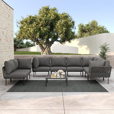 LayinSun 9 Pieces Rope Woven Patio Furniture Set, Modern Modular Sectional Sofa with Coffee Table and Upgrade Thickness Cushion