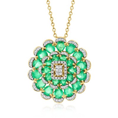 Ross-Simons 4.90 ct. t.w. Emerald and .50 ct. t.w. White Topaz Flower Necklace in 18kt Gold Over Sterling Size 18
