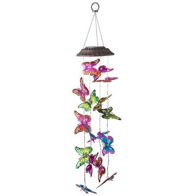 Plow & Hearth - Colorful Metal Butterfly Solar Mobile with Solar-Powered Bright White LEDs