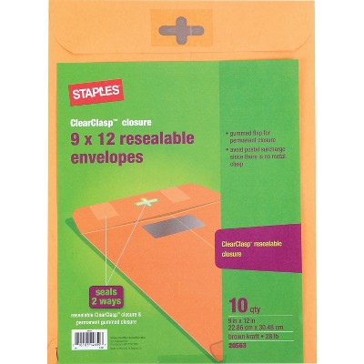Staples ClearClasp 9" x 12" Resealable Brown Kraft Envelopes 10/Pack (901988) SPL901988