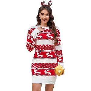 Ugly Christmas Sweater Dress for Women Xmas Crew Neck Pullover Sweater Holiday Knitted Mini Tunic Dress - 1 of 4