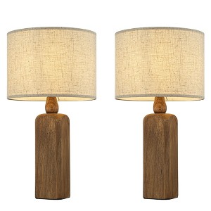 ALOADECOR Farmhouse Traditional Natural Solid Wood Table Lamp with Beige Fabri Drum Shade for Bedroom Living Room(2 Pack) - 1 of 4
