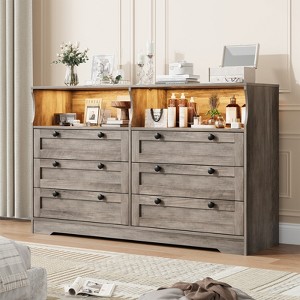 55" Modern TV Stands, Wood Chest of Drawers with Charging Station, LED Lights and 2 Storage Compartments, 6 Drawer Dresser for Living Room, Hallway - 1 of 4