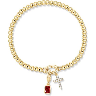 Free bird Cross Birthstone Bracelet | Dainty 14K Gold Plated Cross Charm Bracelet | Stretchable Elastic Gold Beaded Bracelet