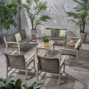 Christopher Knight Home Hampton Outdoor Acacia Wood and Wicker 10 Seater Sofa and Loveseat Chat Set - 1 of 4