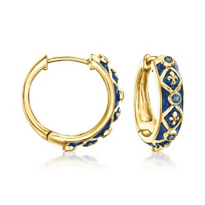 Ross-Simons 0.30 ct. t.w. Sapphire and Blue Enamel Fleur-De-Lis Hoop Earrings in 18kt Gold Over Sterling - 1 of 3