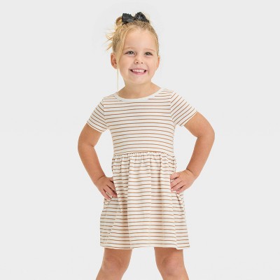 Image of Toddler Girls' Solid Striped Short Sleeve Dress - Cat & Jack™ Heathered Cream 2T
