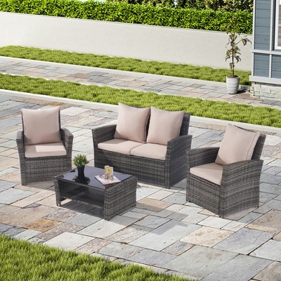 4 Piece Outdoor Patio Furniture Set, Wicker Conversation Set, Outdoor Chairs and Loveseat with Cushion & Coffee Table for Garden Poolside