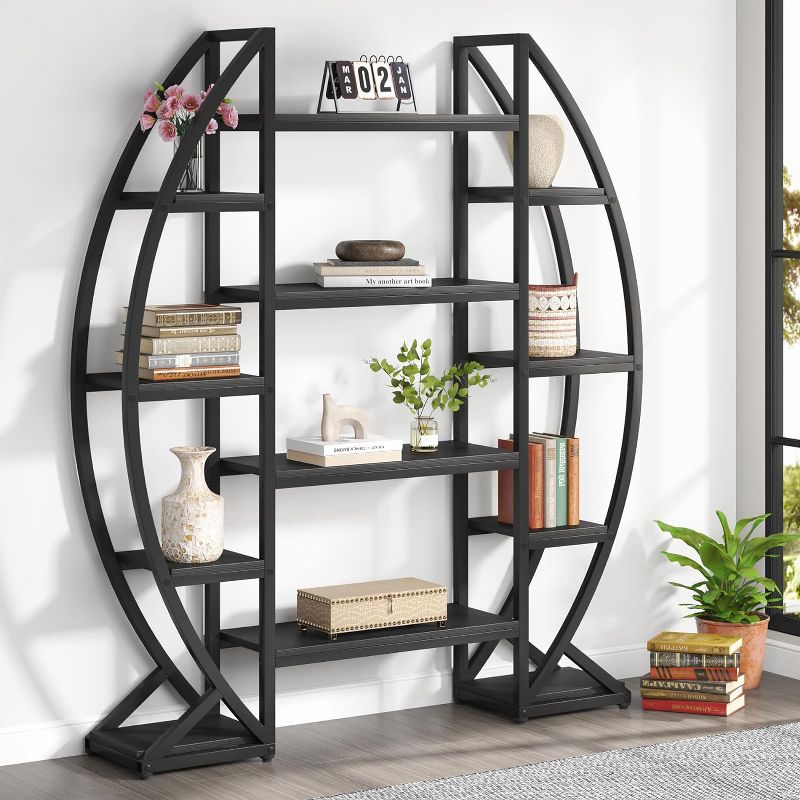 Tribesigns 55" Oval Bookshelf, Triple Wide 5 Tier Etagere Bookcase, Industrial Display Shelves for Living Room, 2 of 8
