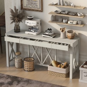 Acacia Veneer Console Table with 4 Drawers, Modern X-Cross Entryway Table with Open Bottom Storage for Living Room, Kitchen, Dining Room, and Hallway - 1 of 4