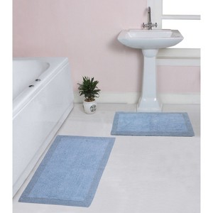 Luxury Reversible Bathroom Rugs Set, Washable Rug, Soft Cotton Extra Soft and Absorbent bath Rug, Non-Slip Bath Mat Set, 2 Pcs Set(M+L), Blue - 1 of 4
