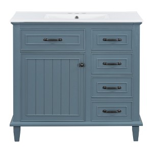 Gulches 36 in 18 in Undermount Rectangular Bathroom Sink in Blue Gray Poplar Rubberwood MDF Ceramic with 4 Drawers Adjustable Shelf Zinc Alloy Handles - 1 of 4