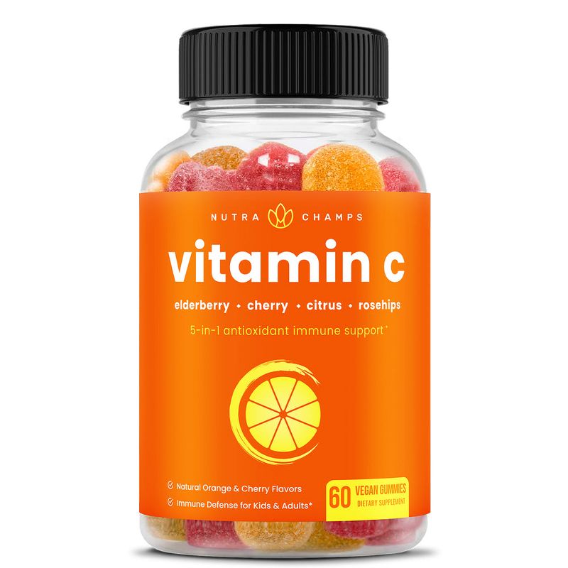 NutraChamps Vitamin C Gummies 5-in-1 Antioxidant Immune Support with Elderberry, Cherry, Citrus & Rosehips- 60 Vegan Chewables, Orange & Cherry Flavor, 1 of 5