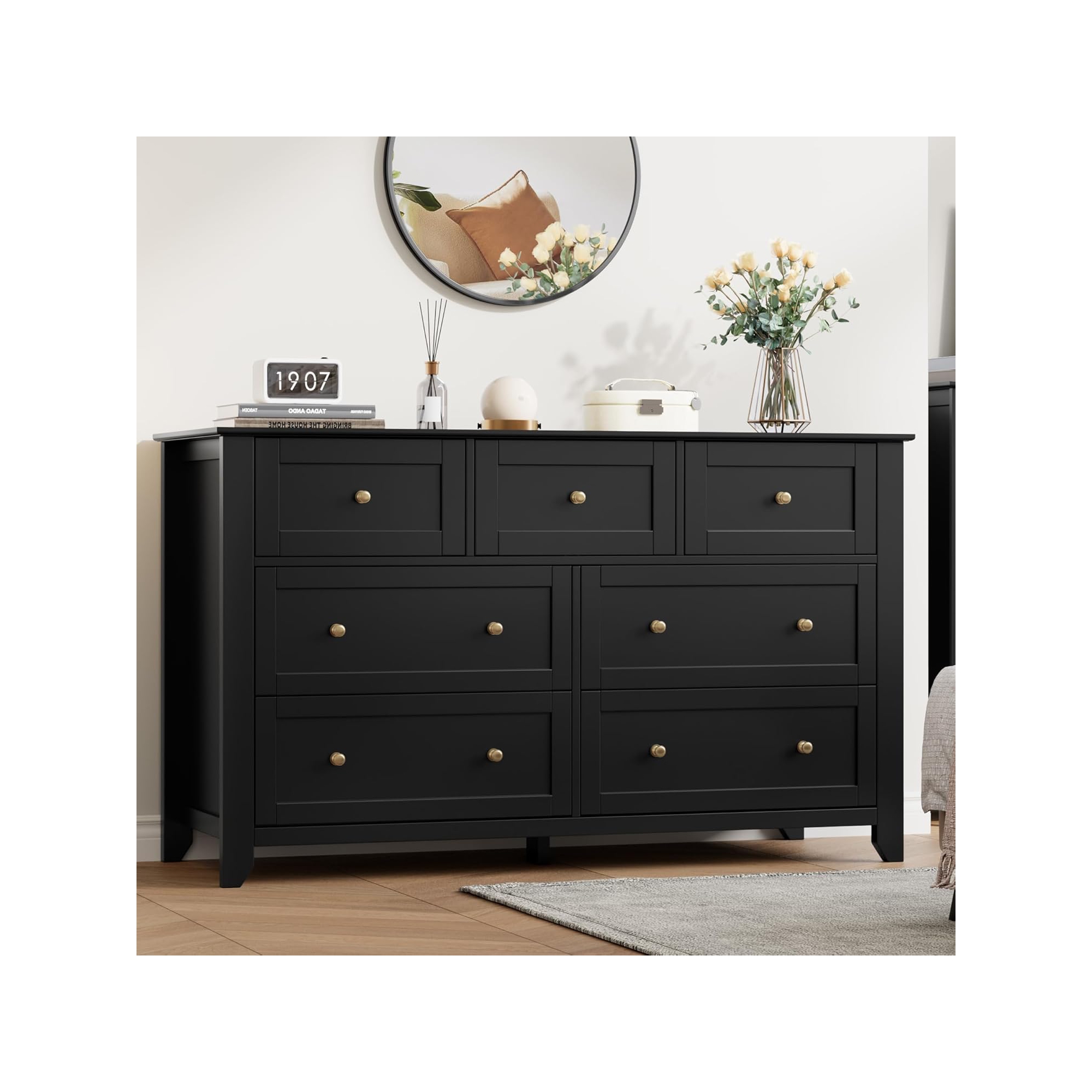 Black 7 Drawer Dresser, 54" Wide Dresser with Deep Drawers & Metal Knobs, Modern Large Wooden Chests of Drawers for Entryway, Hallway
