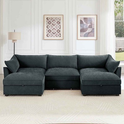 U-Shaped Sectional Sofa, 3-Seater Sofa with Pull-Out Storage Drawers and Footstool, Upholstered Chenille Sofa with Cushion-Coolbibila