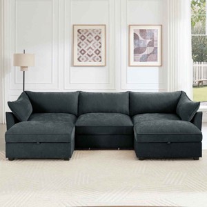 U-Shaped Sectional Sofa, 3-Seater Sofa with Pull-Out Storage Drawers and Footstool, Upholstered Chenille Sofa with Cushion-Coolbibila - 1 of 4