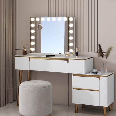 ELECWISH 23.6" Round LED Vanity Mirror with Stand - 3-Color Touch Control, 10X Magnifier, USB Port, Wall Mountable, White