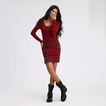 Women's  Checker Spliced Double Slider Zippper Mini Skirt - Wild Fable™
