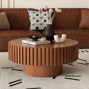 KIGFTSOD Round Coffee Table Handcrafted Relief Sturdy Pedestal Wooden Olive-Shaped Tea Table for Living Room - 1 of 4