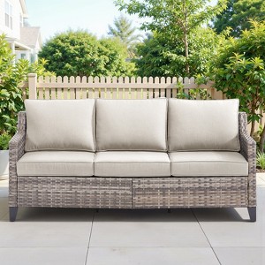 Buenhomino Patio Sofa Couch Outdoor Wicker Sofa PE Rattan 3-Seat Couch with Thick Cushions for Garden Balcony Sunroom Poolside, Grey Wicker - 1 of 4