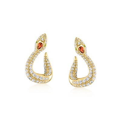 Ross-Simons 0.70 ct. t.w. White Topaz and .10 ct. t.w. Garnet Snake Drop Earrings With Chrome Diopside in 18kt Gold Over Sterling