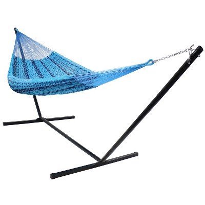 Sunnydaze XXL Thick Cord Family Size Hand-Woven Portable Mayan Hammock with Steel Stand - 400 lb Weight Capacity/15' Stand - Blue