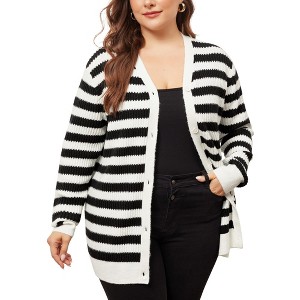 Agnes Orinda Women's Plus Size V Neck Button Down Open Front Striped Knit Sweater Cardigan - 1 of 4