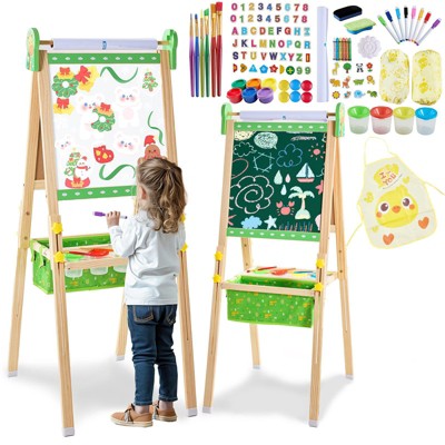 Aoibox Adjustable Wooden Art Easel for Kids with Paper Roll Magnetic Chalkboard Whiteboard Animal Theme Foldable Standing Set