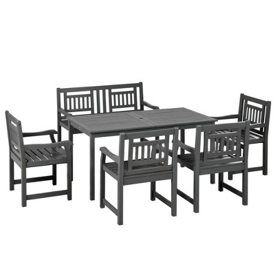 6-Piece Dark Gray Poplar Wood Patio Dining Set with Bench