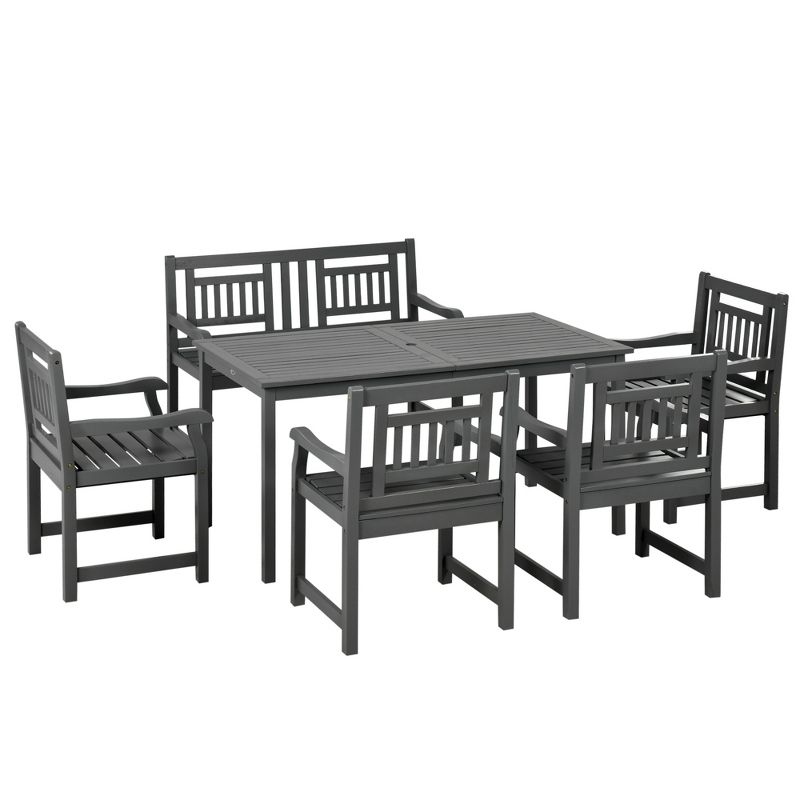 Outsunny 6 Piece Patio Dining Set, Outdoor Poplar Wood Furniture Set, Umbrella Hole Table and Chairs with Bench, Dark Gray, 5 of 8