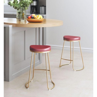 Zuo Modern – Bree Counter Stool Set of 2, 26.2"H, Burgundy Faux Leather Seat with Gold Stainless Steel Legs, Modern Design
