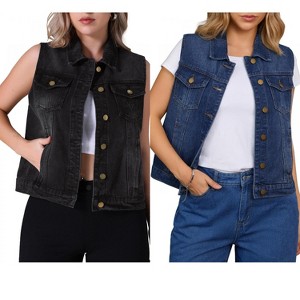 INSPIRE CHIC Women's Sleeveless Turndown Collar Button Down Chest Flap Pockets Washed Denim Vest 2 Packs - 1 of 4