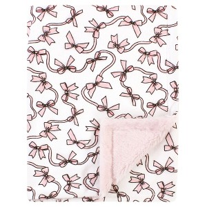 Hudson Baby Infant Girl Plush Blanket with Furry Binding and Back, Pink Bows, One Size - 1 of 2