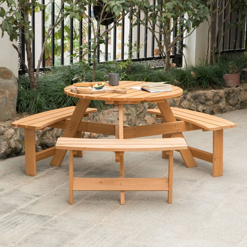 GardenisedWooden Outdoor Round Picnic Table with Bench for Patio, 6- Person with Umbrella Hole, 3 of 14