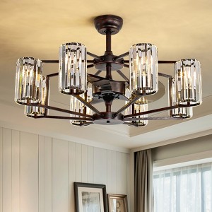 Ludomide 35" Crystal Chandelier Ceiling Fan, Vintage Flush Mounted Caged Fandelier for Bedroom, Dining Room, Living Room, Kitchen-Antique Bronze - 1 of 4