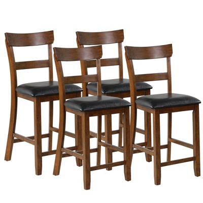 Costway Set of 4 Barstools Counter Height Chairs w/Leather Seat & Rubber Wood Legs