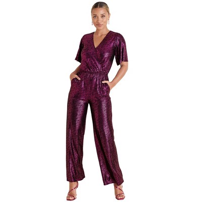VENUS Womens Metallic Flutter Sleeve Jumpsuit