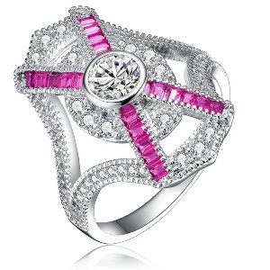 Guili Luxe Sterling Silver Ring, Baguette & Round Cubic Zirconia, Timeless Cocktail Style, Luxurious Statement, Red/Blue, Sizes 6-8. - 1 of 3