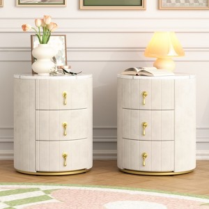 Sapphtopaz Round Night Stand with 3 Drawers Upholstered Bedside Table with Metal Handles, Marbling Stickers Top Nightstand for Bedroom - 1 of 4