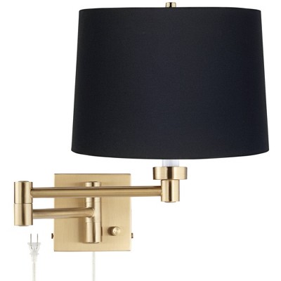 Barnes and Ivy Modern Swing Arm Wall Lamp Warm Antique Brass Plug-In Light Fixture Black Fabric Drum Shade for Bedroom Living Room