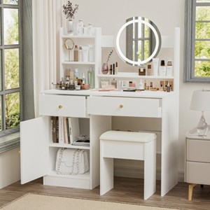 35.43"Fashion Vanity Desk with Mirror and Lights for Makeup and Cushioned Chair, Vanity Mirror with Lights , White - 1 of 4