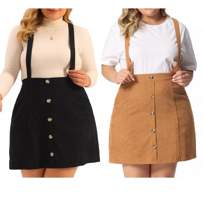 Agnes Orinda Women's Plus Size Button Up Flare Corduroy Suspender Elastic Back A-Line Mini Skirt