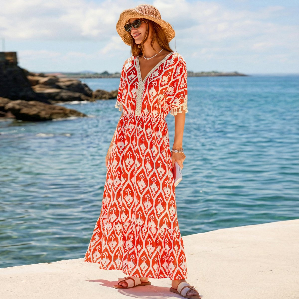 Женские платья Cupshe Women's Boho Chic Ikat Print Maxi Dress-S-Orange — фото 4