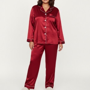 Anna-Kaci Lounge Women's PLus Size 2-Piece Set Satin Button-Up Pajama Top and Relaxed Fit Pants with Contrast Piping Trim - 1 of 4