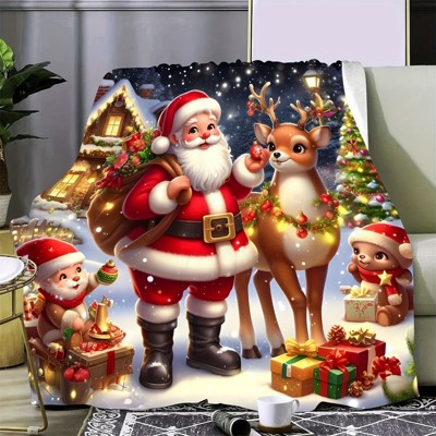 Christmas Santa Claus and Reindeer Printed Flannel Throw Blanket - All-Season Throw for Sofa, Bed - Soft, Cozy, Christmas Gifts
